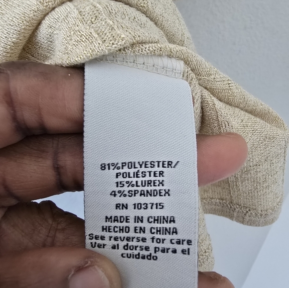 Zac & Rachel Metallic Blouse Women Sz L Beige Flutter 3/4 Sleeve Front Cut  Out - Picture 8 of 13